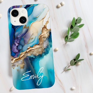 Moderne elegante blaue goldene Marmor-Personalisie Case-Mate iPhone 14 Hülle