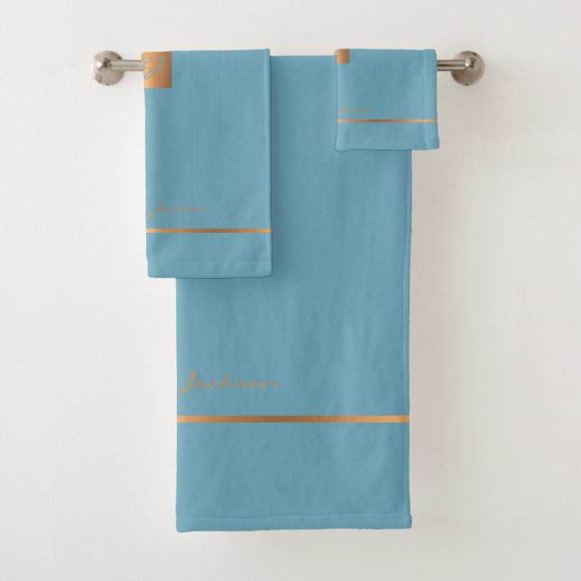 Moderne, elegante, blaue goldfarbene mit Monogramm Badhandtuch Set (Insitu)