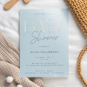 Moderne elegante blaue Schrift Baby Shower Gold Folieneinladung