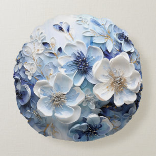 Moderne elegante blaue weiße botanische Blumen Rundes Kissen