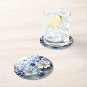 Moderne elegante blaue weiße botanische Blüten Runder Pappuntersetzer