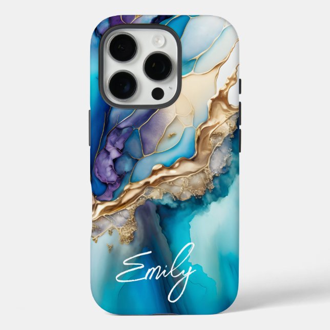 Moderne Elegante Blue Gold Marmor Personalisiert N iPhone 16 Pro Hülle (Rückseite)