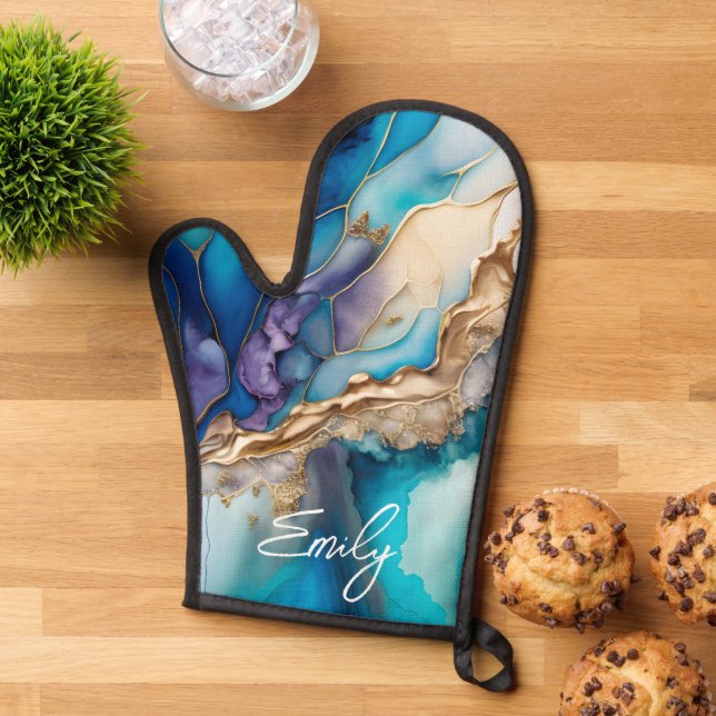 Moderne Elegante Blue Gold Marmor Personalisiert N Ofenhandschuh (Oben unten)