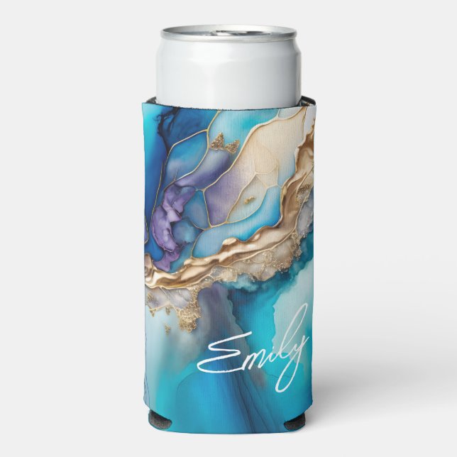 Moderne Elegante Blue Gold Marmor Personalisiert N Selters Dosenkühler (Seltzer Vorderseite)
