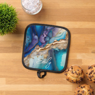 Moderne Elegante Blue Gold Marmor Personalisiert N Topflappen