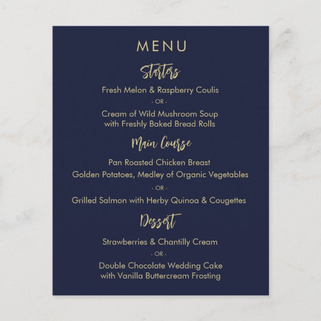 Moderne elegante Blue Gold Wedding Menu Card Flyer (Vorne)