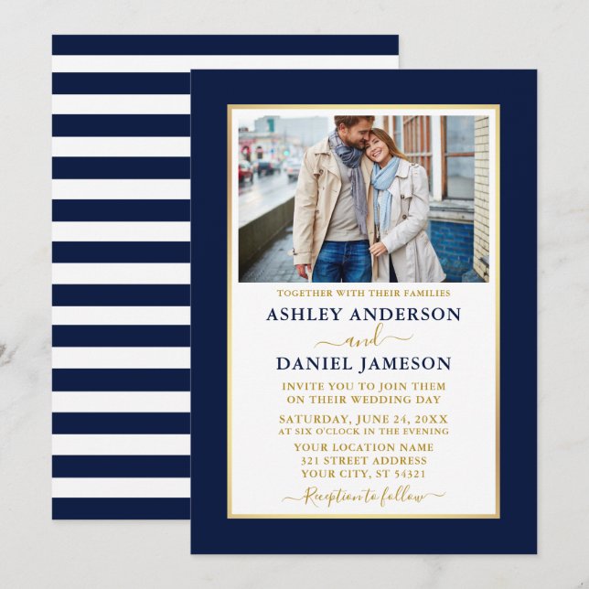 Moderne, elegante Blue Striping Gold Wedding Einladung (Vorne/Hinten)