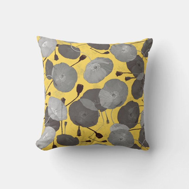 Moderne, elegante Blume aus grauem Mohn, gelb Kissen (Vorderseite)