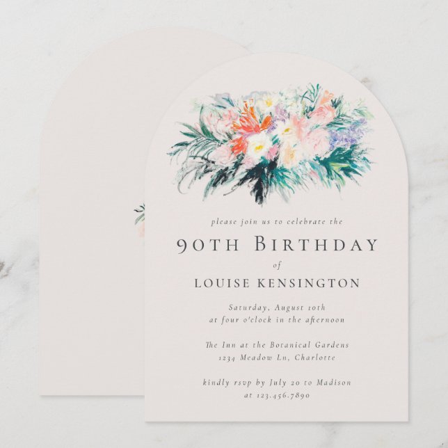 Moderne elegante Blume Bouquet 90. Geburtstag Einladung (Vorne/Hinten)