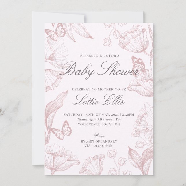 Moderne elegante Blumen Pink Boho Girl Babydusche Einladung (Vorderseite)