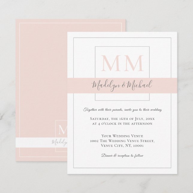 Moderne, elegante Blush Monogram Wedding Einladung (Vorne/Hinten)