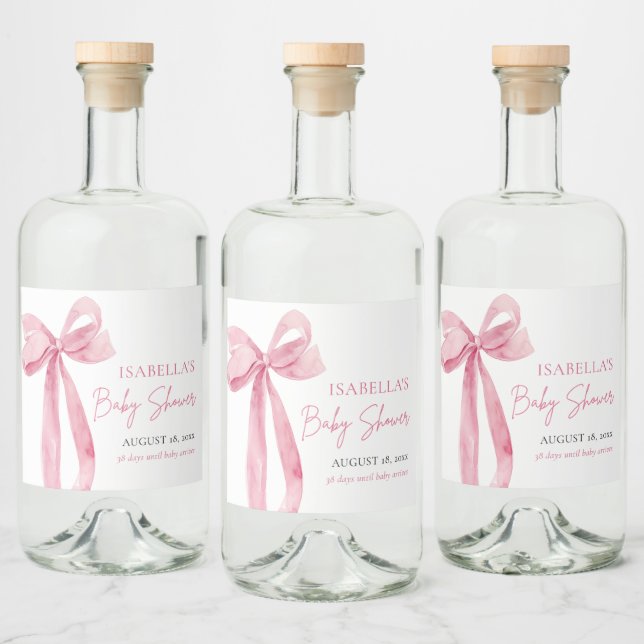 Moderne elegante Blush Pink Bow Ribbon Babydusche Alkoholflaschenetikett (Flaschen)