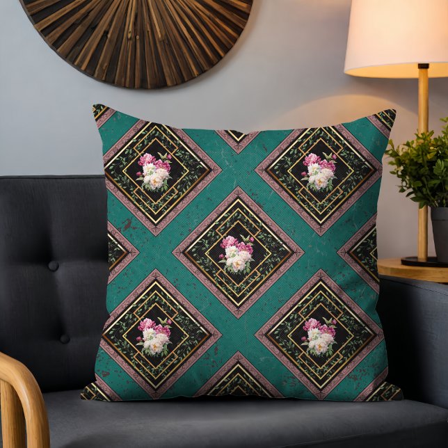 Moderne Elegante Bohemische Blumen Aquamarin Kissen (Von Creator hochgeladen)
