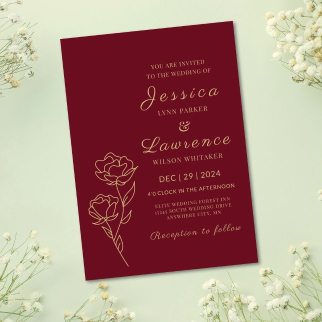 Moderne, elegante Bordeaux- und Goldblumenhochzeit Einladung (Modern Elegant chic Simple Minimalist Classic Burgundy and Gold Dark Red Floral Wedding Invitations)