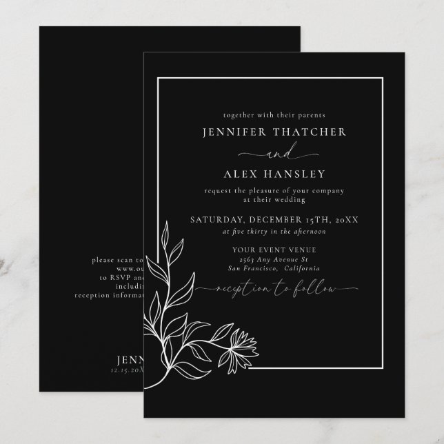 Moderne elegante botanische Blätter QR Code Weddin Einladung (Vorne/Hinten)