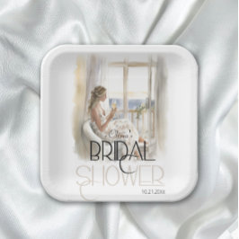 Moderne Elegante Braut im Hochzeitsgossen-Brautpar Pappteller