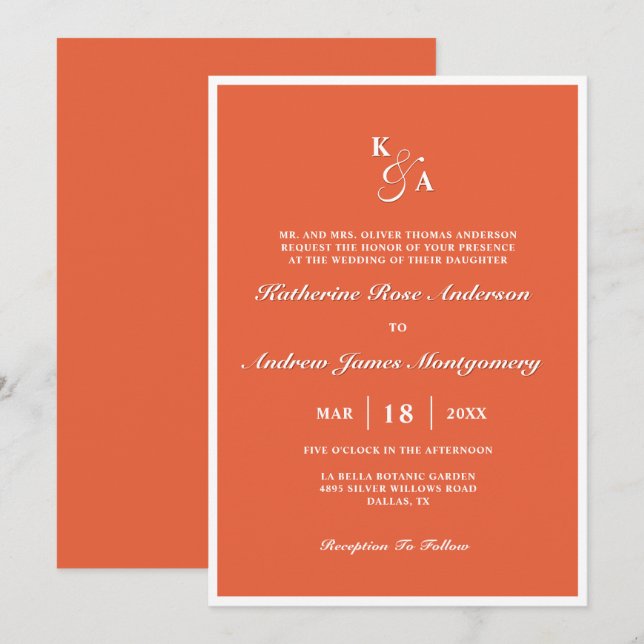 Moderne, elegante Bright Orange Monogram Wedding Einladung (Vorne/Hinten)