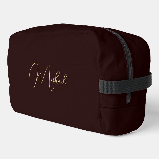 Moderne elegante Brown Gold Monogram Travel Cosmet Waschbeutel (Linke Seite)