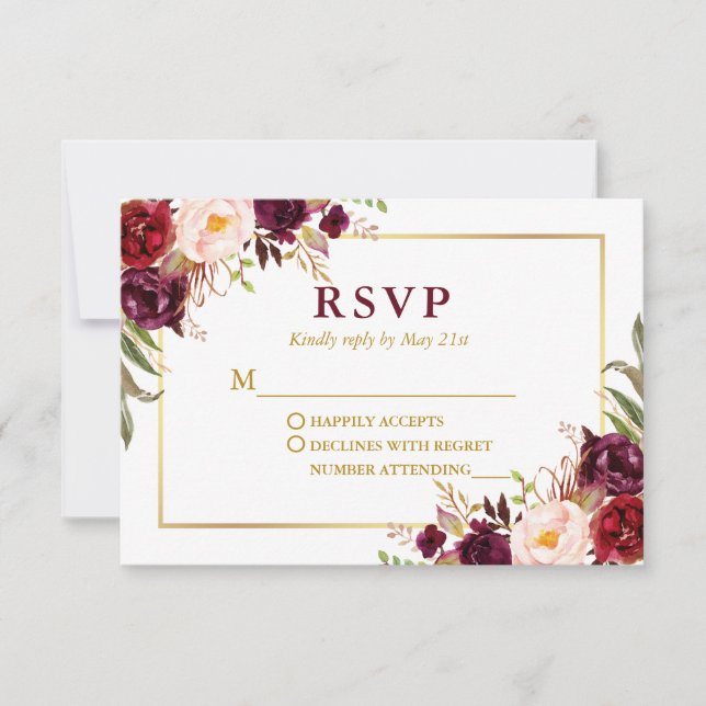 Moderne Elegante Burgund Floral Wedding Gold RSVP Karte (Vorderseite)