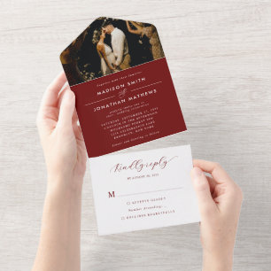 Moderne Elegante Burgunder Ampersand Foto Hochzeit All In One Einladung