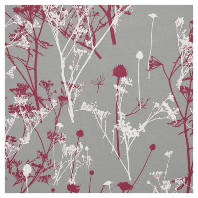 Moderne elegante Burgunder-Wildblumen auf Grau Stoff (Muster)
