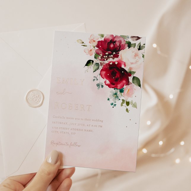 Moderne Elegante Burgundy Blush Boho Blumenhochzei Folieneinladung (Von Creator hochgeladen)