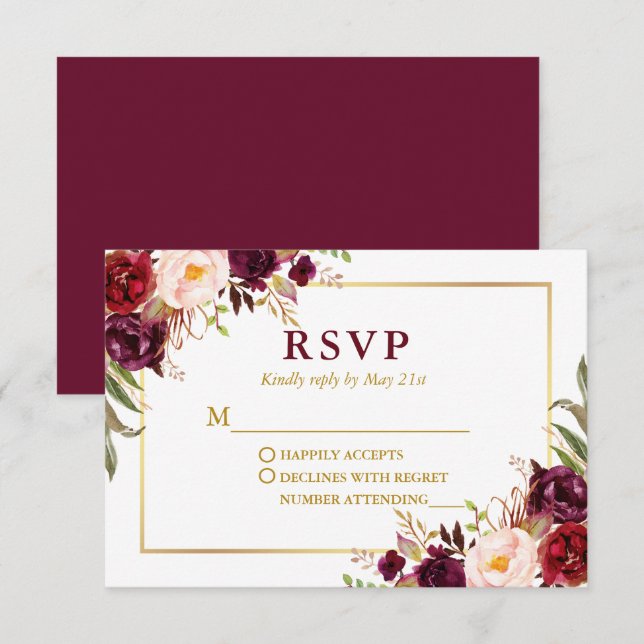 Moderne Elegante Burgundy Floral Gold Wedding RSVP Karte (Vorne/Hinten)