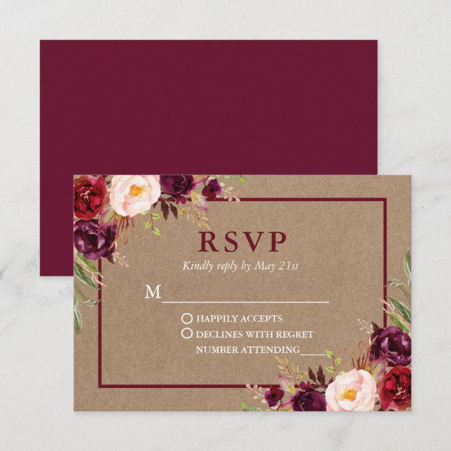 Moderne elegante Burgundy floral Kraft Wedding RSVP Karte (Vorne/Hinten)