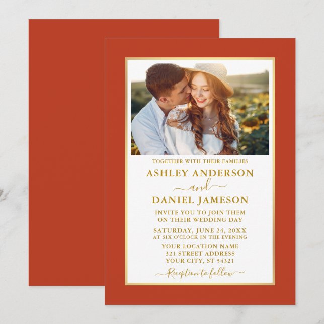 Moderne elegante Burnt Orange Gold Wedding Einladung (Vorne/Hinten)