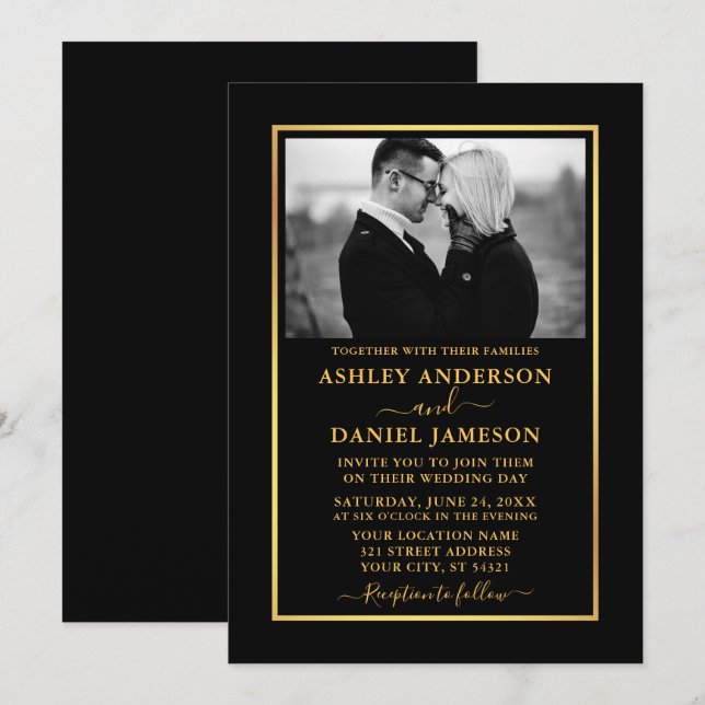 Moderne elegante BW Foto Gold Wedding Einladung (Vorne/Hinten)