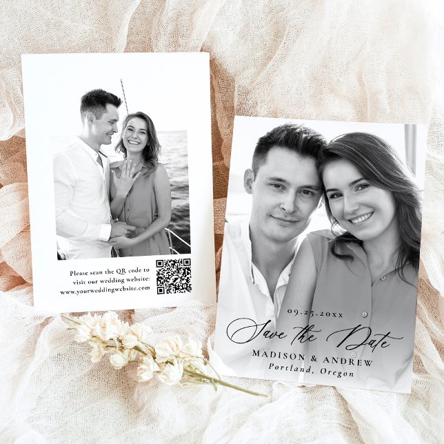 Moderne elegante Calligraphie 2 Foto QR Code Weddi Save The Date (Von Creator hochgeladen)