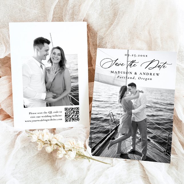 Moderne elegante Calligraphie 2 Foto QR Code Weddi Save The Date (Von Creator hochgeladen)