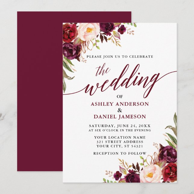 Moderne elegante Calligraphie floral Burgundy Wedd Einladung (Vorne/Hinten)
