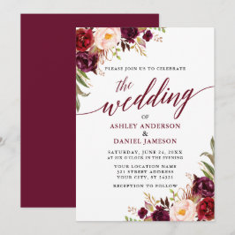 Moderne elegante Calligraphie floral Burgundy Wedd Einladung