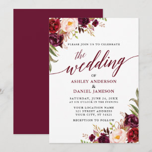 Moderne elegante Calligraphie floral Burgundy Wedd Einladung