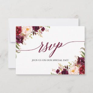Moderne elegante Calligraphie floral Burgundy Wedd RSVP Karte