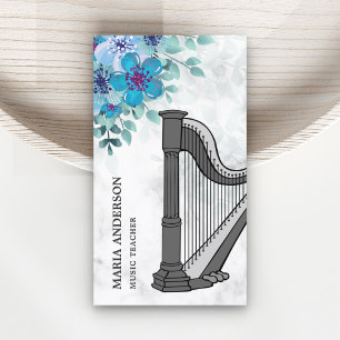 Moderne Elegante Chic Blaue Florale Harfenmusikleh Visitenkarte