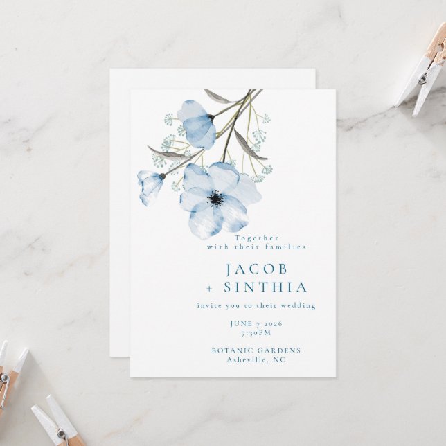 Moderne Elegante Chic Dusty Blue Wedding Einladung (Vorderseite/Rückseite Beispiel)