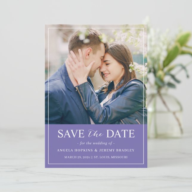 Moderne Elegante Chic Lavender Blue Foto Wedding Save The Date (Stehend Vorderseite)