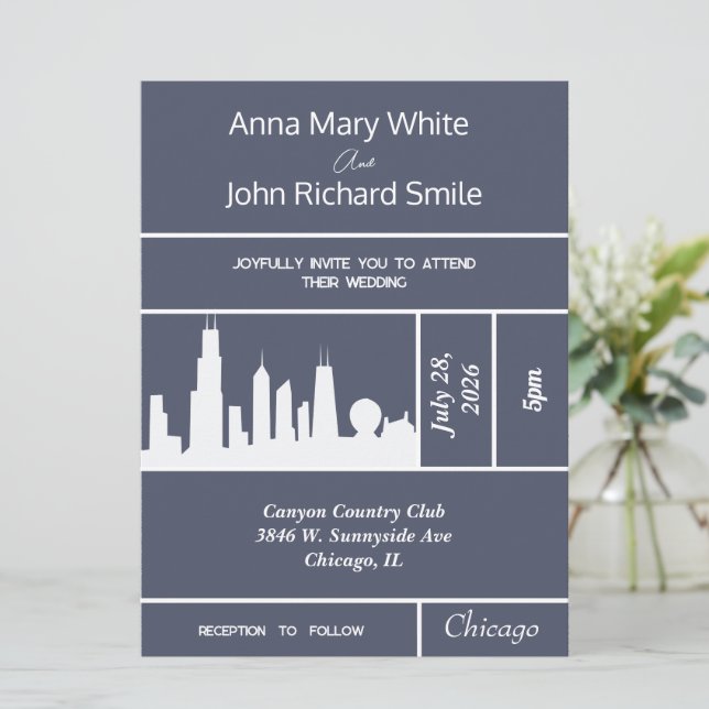 Moderne Elegante Chicago City Skyline Einladung (Stehend Vorderseite)