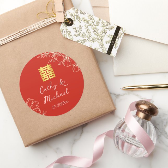 Moderne elegante chinesische Hochzeitsschrift mit  Runder Aufkleber (Schenken)