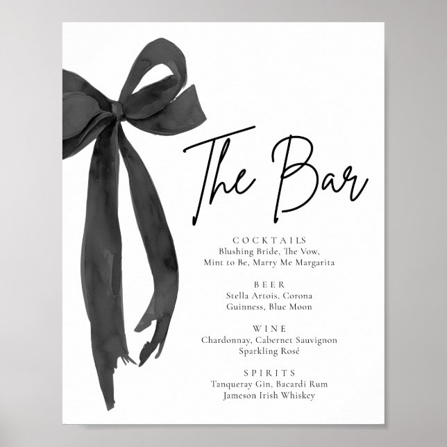 Moderne elegante Coquette Black Bow Bar Sign Poster (Vorne)