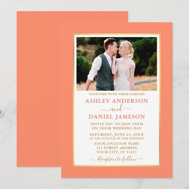 Moderne, elegante Coral Gold Wedding Einladung (Vorne/Hinten)