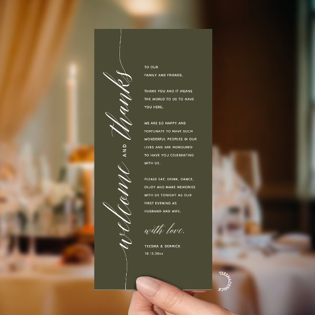 Moderne elegante Dankeskarten für das Hochzeitsdin Programm (Modern Classy Wedding Reception Dinner Thank You Card, Bridal Shower in Olive Green)