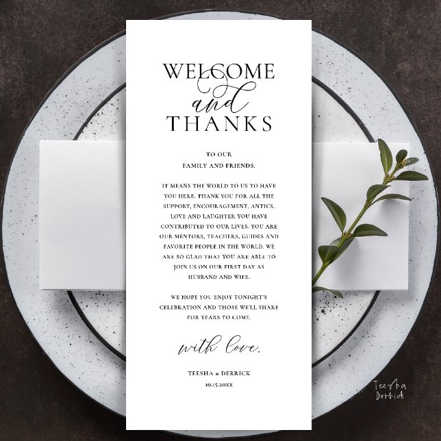 Moderne elegante Dankeskarten für die Hochzeitsfei Programm (Modern Classy Wedding Reception Dinner Lunch Brunch Thank You Card in Black and White)