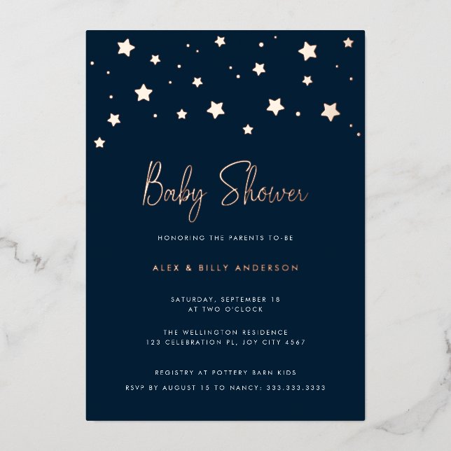Moderne elegante Dark Blue Stars Kinderdusche Folieneinladung (Vorderseite)