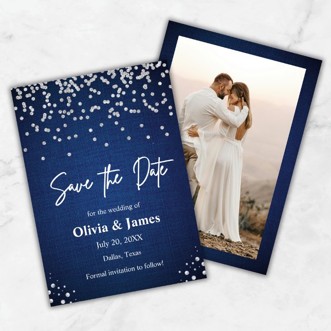 Moderne, elegante Denim- und Diamonds-Foto Hochzei Save The Date (Modern Elegant Denim and Diamonds Photo Wedding Save The Date Card )