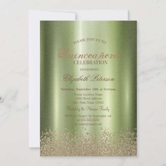 Moderne Elegante Diamonds Green Metallic Quinceñer Einladung (Vorderseite)