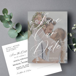 Moderne, elegante Drehbuch-Foto Hochzeit speichern Ankündigungspostkarte