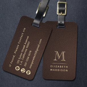 Moderne elegante dunkelbraune Leder-Gold-Monogramm Gepäckanhänger